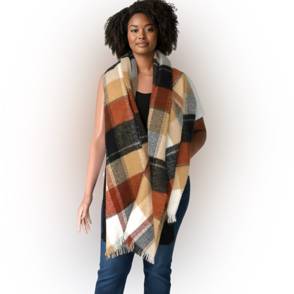 BP Acrylic Scarf‎ Fall Colors Ivory Black Burnt Orange Winter Preppy Farmcore